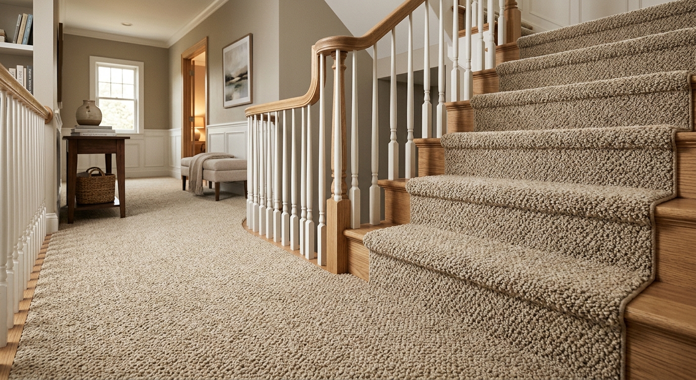 Textured carpet comparison with durable frieze carpet in a high-traffic Ohio home hallway and staircase