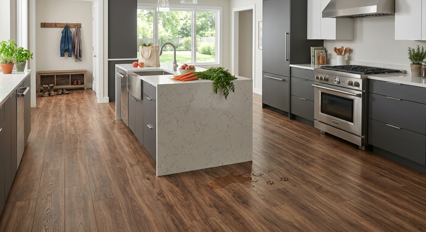 Luxury vinyl plank flooring Plain City OH installed in a modern kitchen with waterproof wood-look planks and stylish cabinetry.