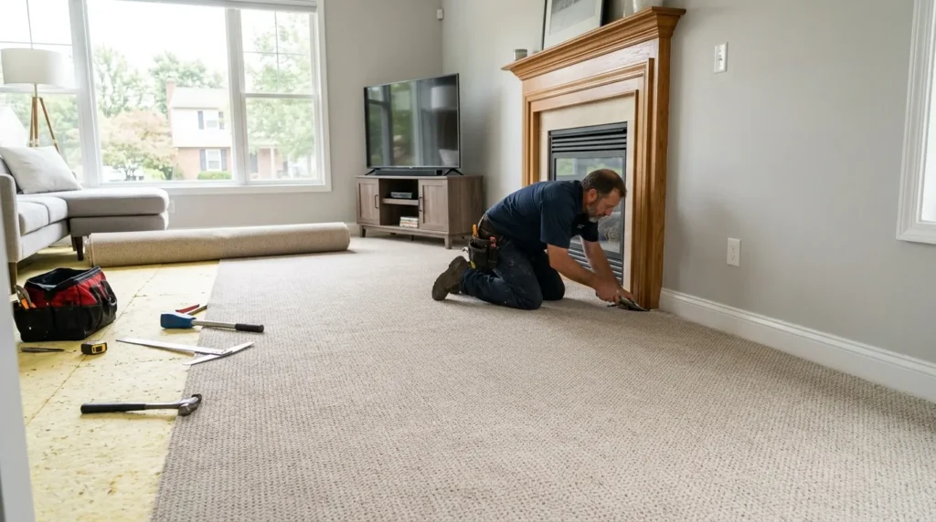 Professional carpet installers fitting new carpet in a Columbus, OH living room