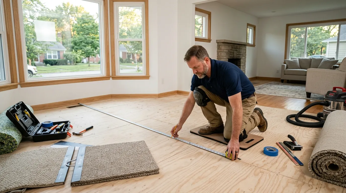 Carpet installer measuring and preparing a room for carpet installation